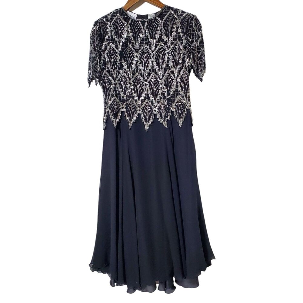 Vintage Laurence Kazar Silk Dress Size M Beaded Sequin Fairy Goth Black Womens